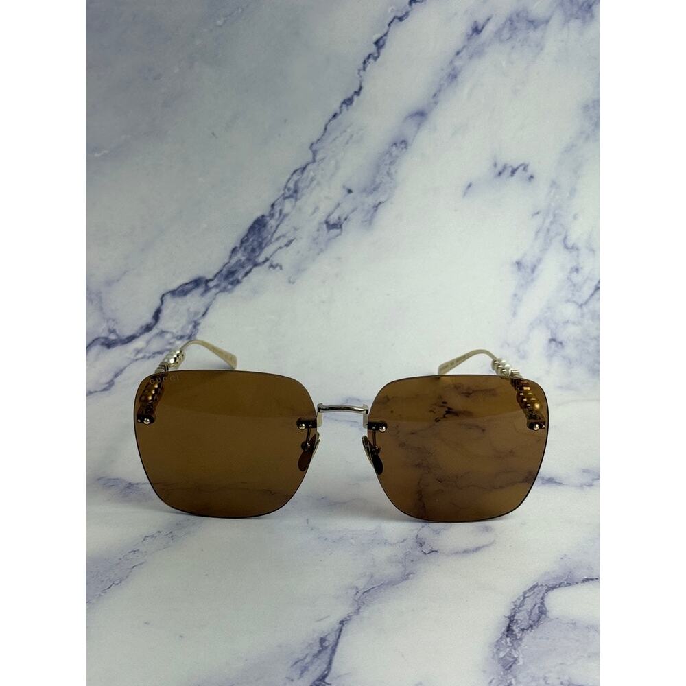 NEW Gucci GG1923SA Gold Brown Square Pearl Sunglasses - Picture 5 of 8
